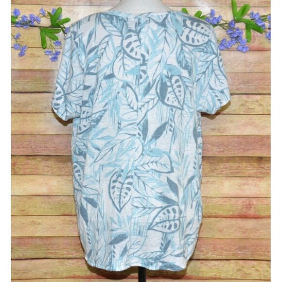 Tahari Womens Blue Linen V-Neck Short Sleeve Shirt Top Plus Size 1X Leaf Pattern - Picture 5 of 8